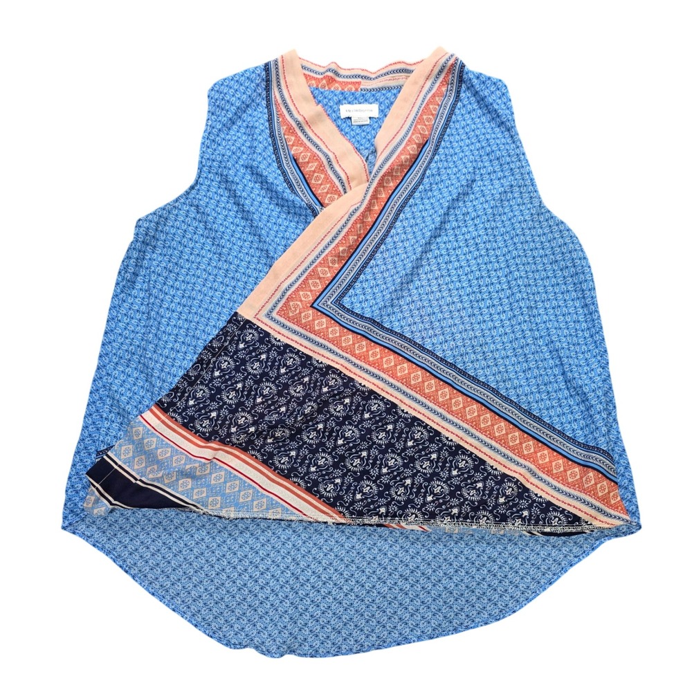 Liz Claiborne Faux Wrap Sleeveless Blouse Women's Size XXL Blue Paisley Mixed